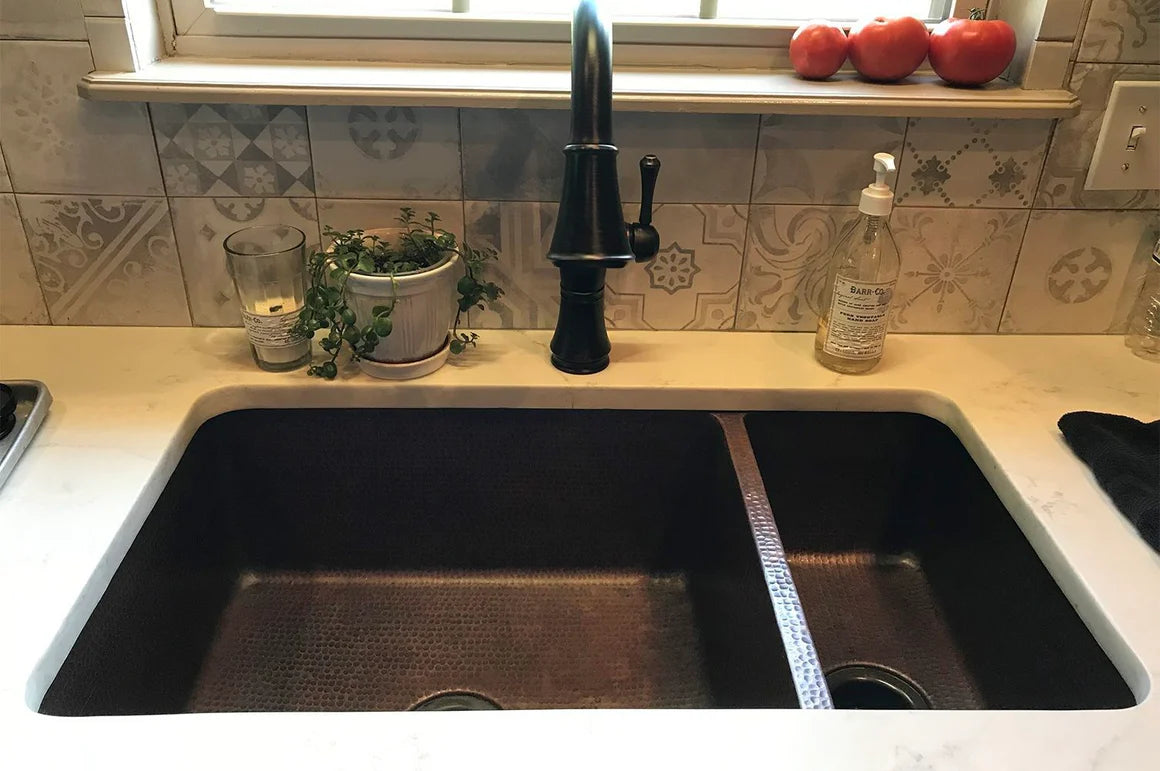 Premier Copper Products 33" Hammered Copper Kitchen 75/25 Double Basin Sink