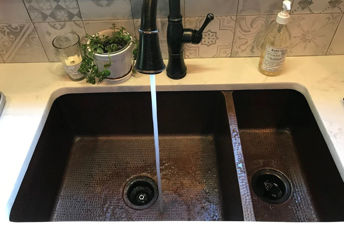 Premier Copper Products 33" Hammered Copper Kitchen 75/25 Double Basin Sink