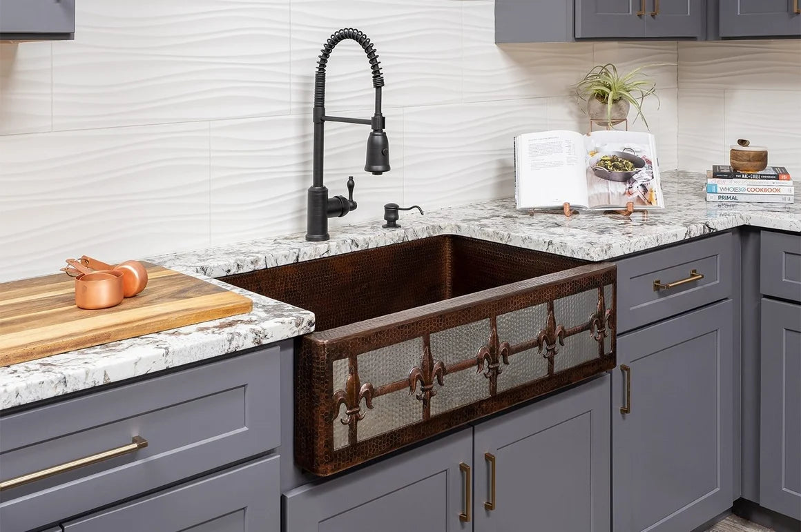Premier Copper Products 33" Hammered Copper Kitchen Apron Single Basin Sink with Fleur De Lis Design and Apron Front Nickel Background