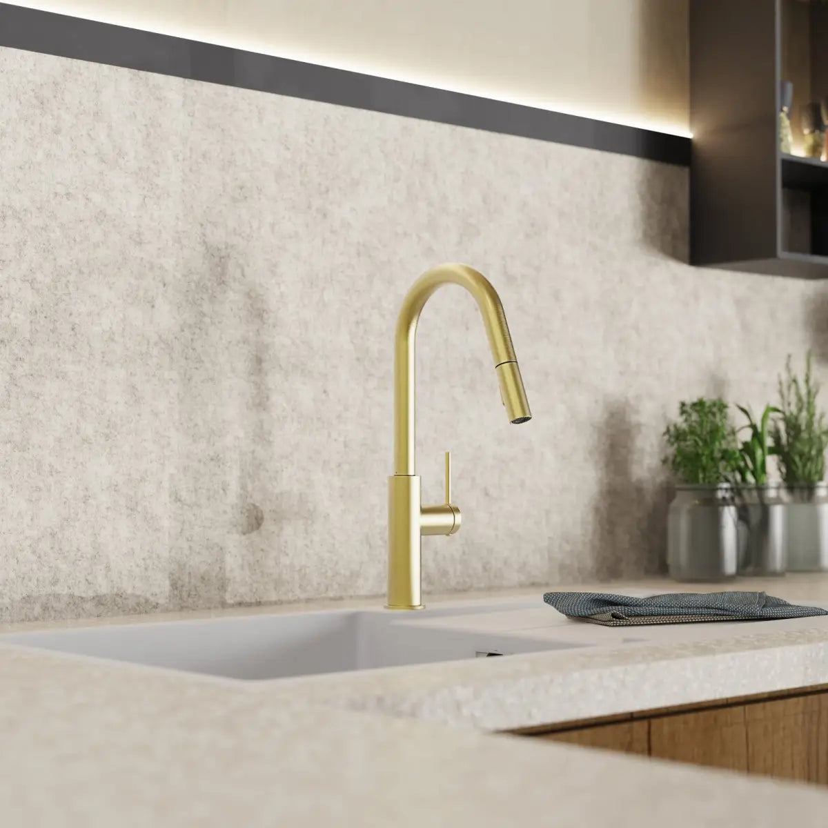 Wasserwerk Kitchen Faucet with Curved Pull-Down Spout in Brushed Gold