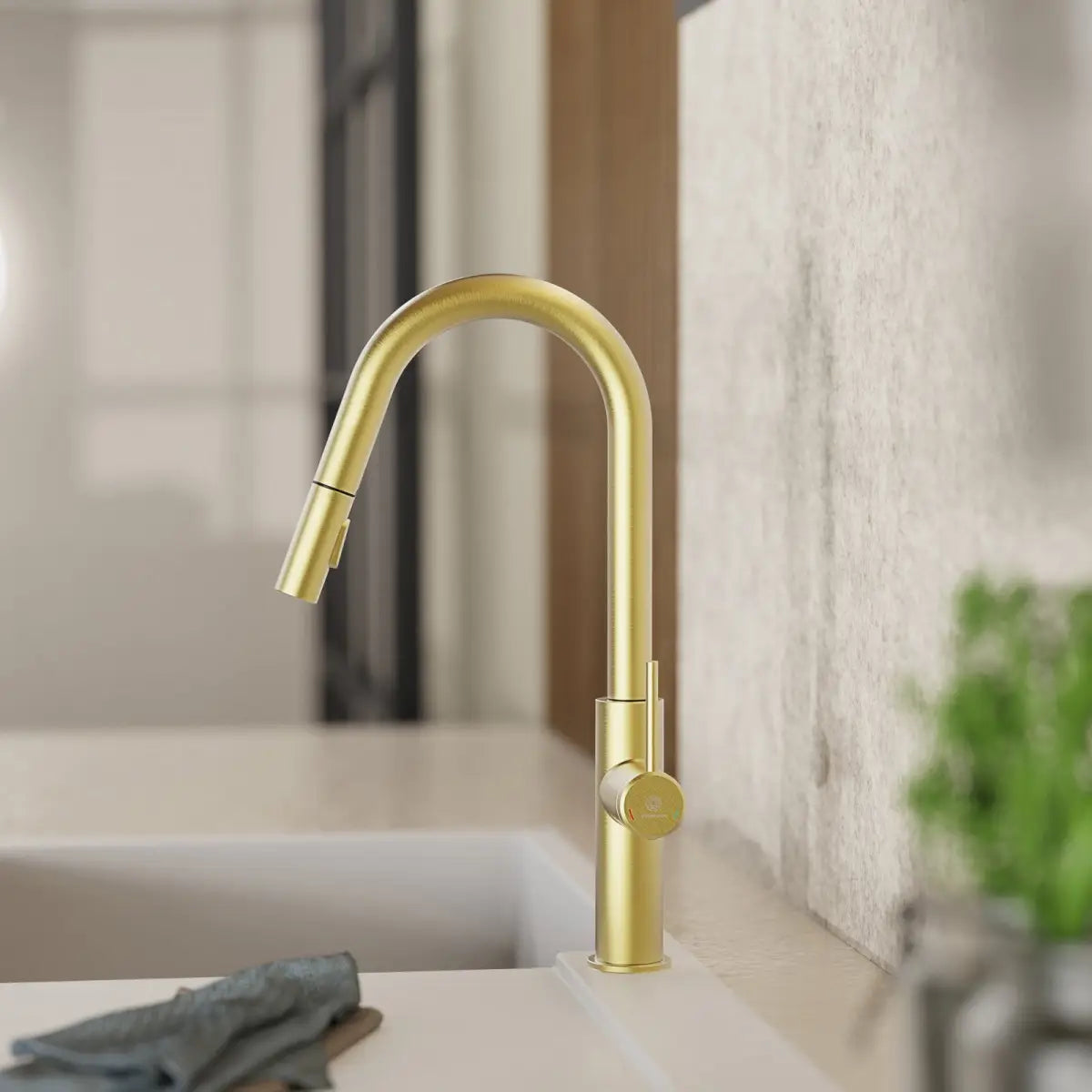 Wasserwerk Kitchen Faucet with Curved Pull-Down Spout in Brushed Gold