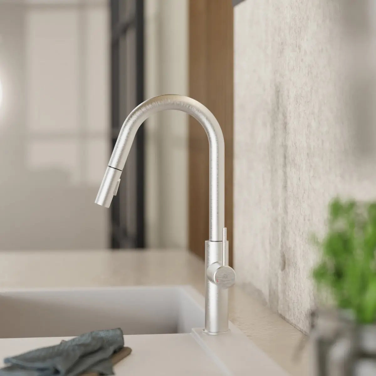 Wasserwerk Kitchen Faucet with Curved Pull-Down Spout in Brushed Nickel