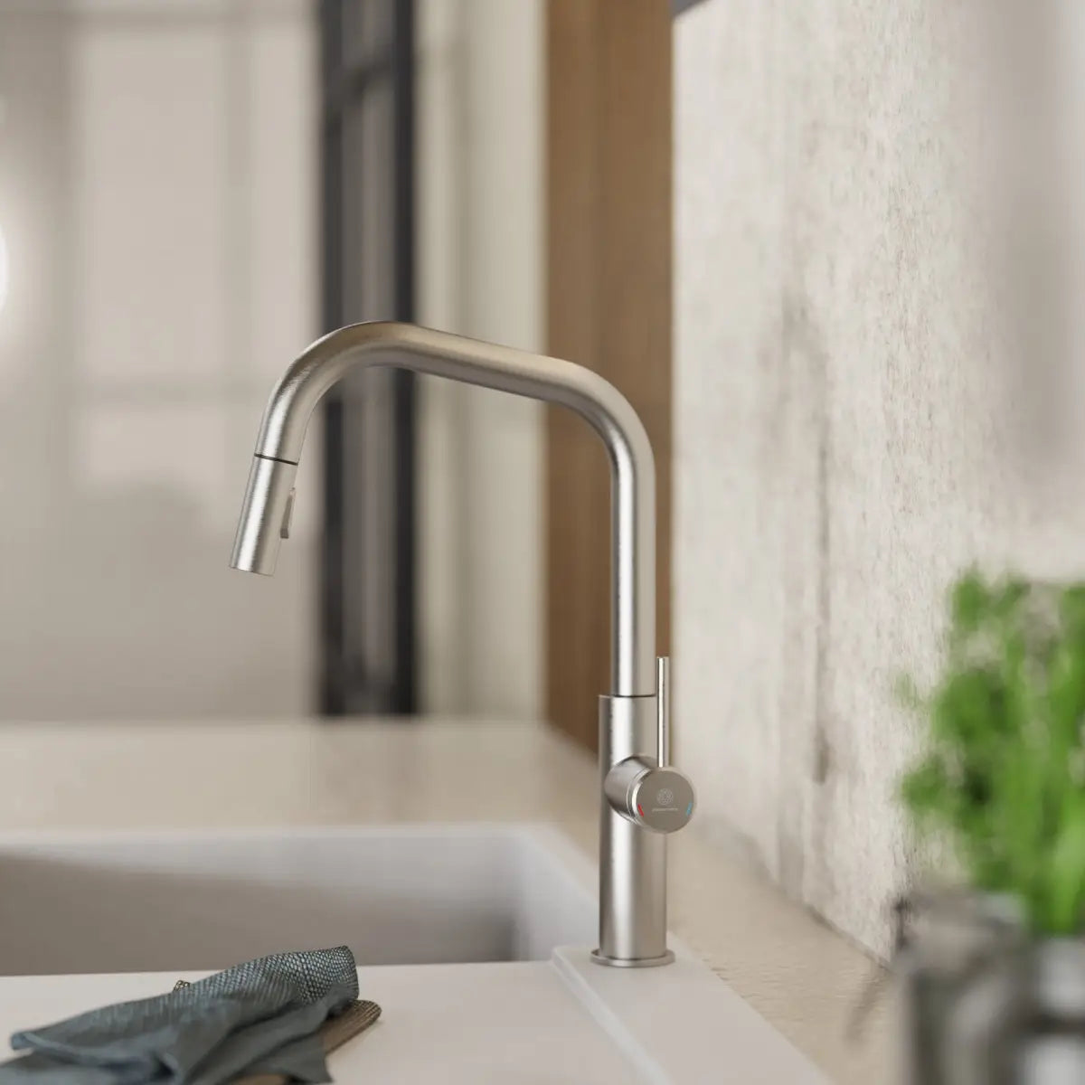 Wasserwerk Kitchen Faucet with Angled Spout Pull-Down Sprayer in Brushed Nickel