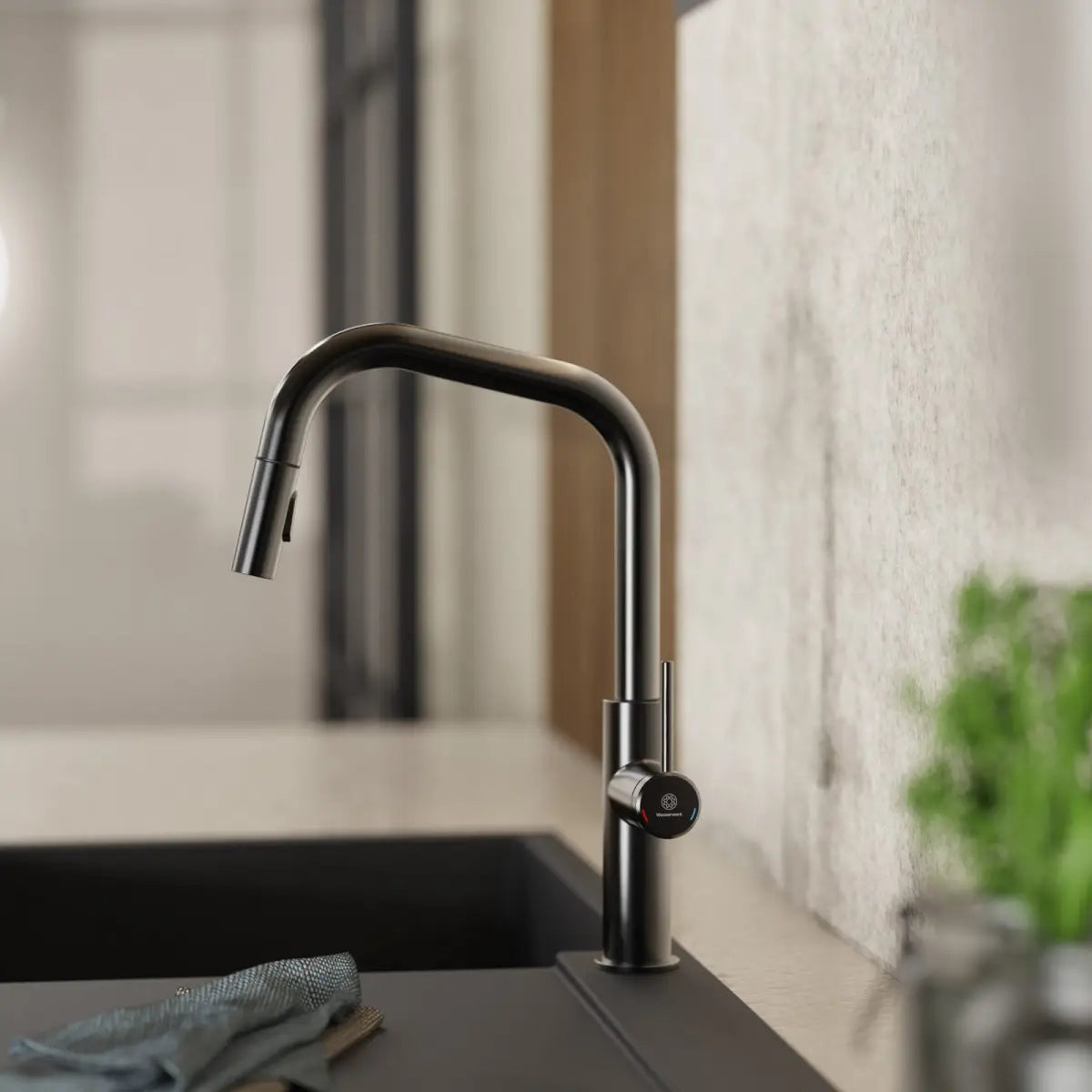 Wasserwerk Kitchen Faucet with Angled Spout Pull-Down Sprayer in Matte Graphite