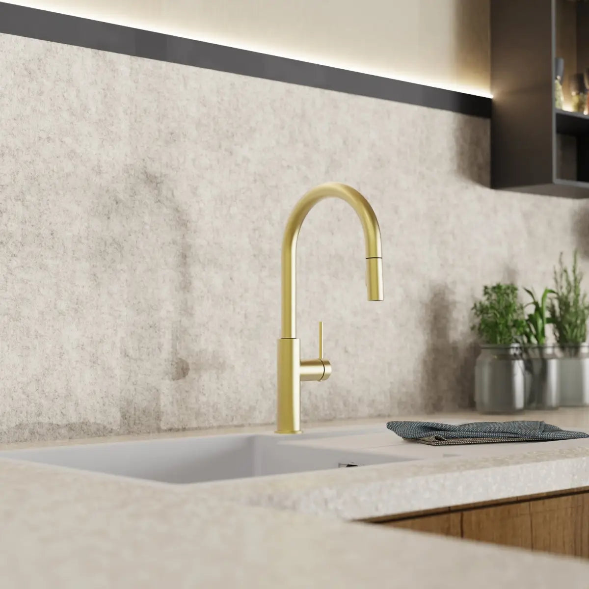 Wasserwerk Kitchen Faucet with Arch Pull-Down Spout in Brushed Gold