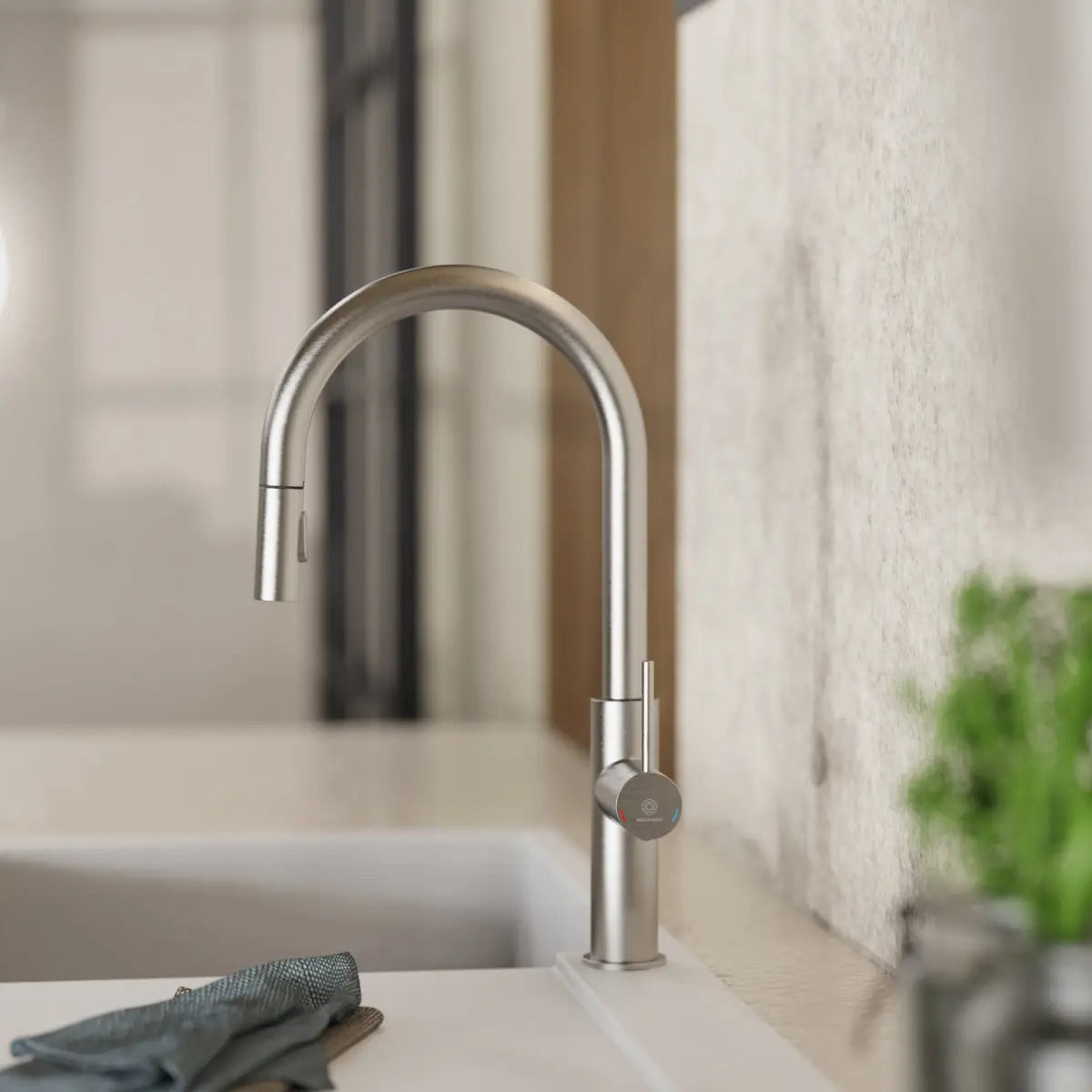 Wasserwerk Kitchen Faucet with Arch Pull-Down Spout in Brushed Nickel