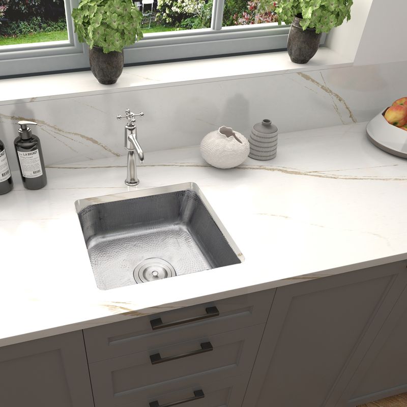 Nantucket Sinks 16 1/2" Square Hammered Satin Matte Finish Stainless Bar Sink