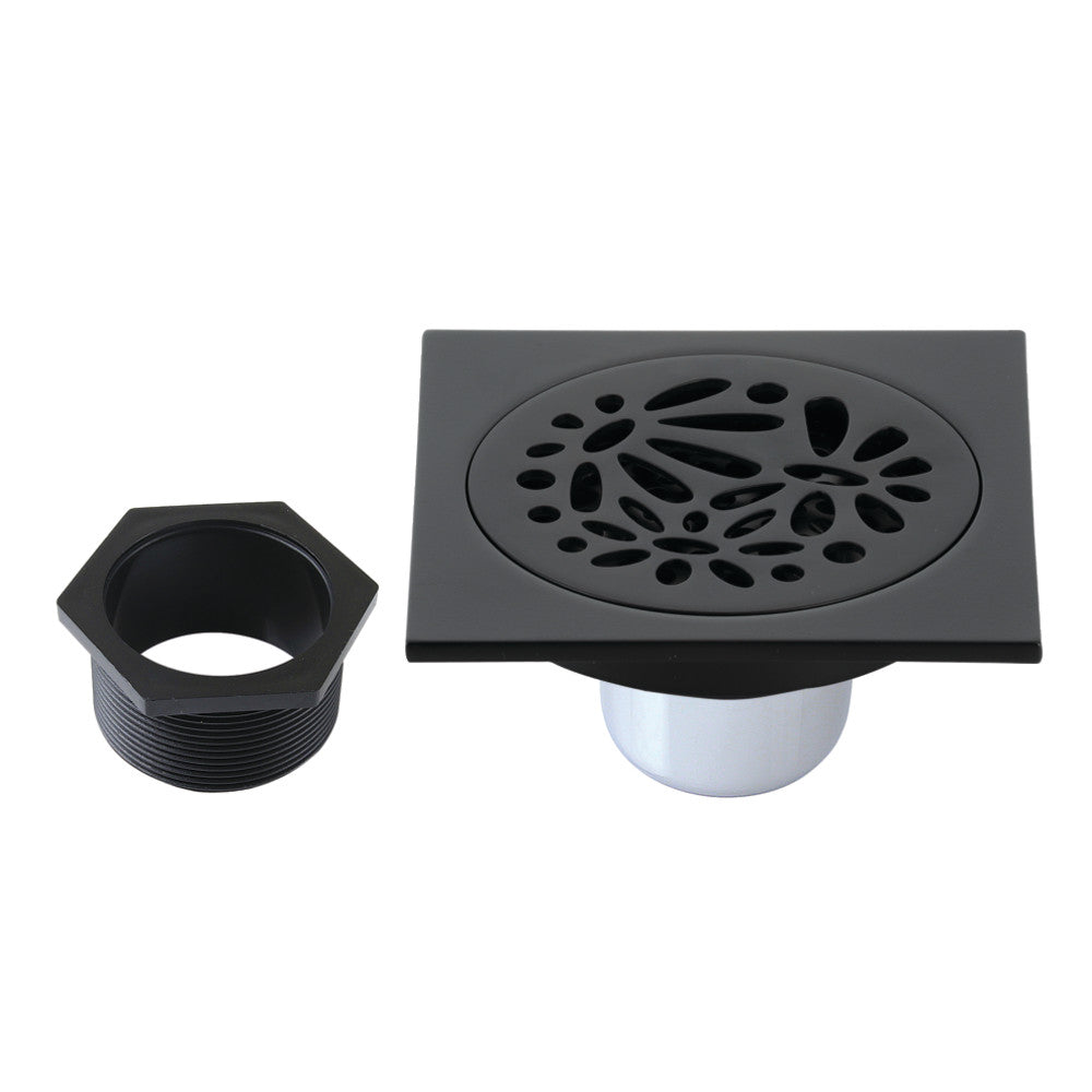 Floral 4" Brass Square Grid Shower Drain with Flange and Hair Trap-DirectSinks