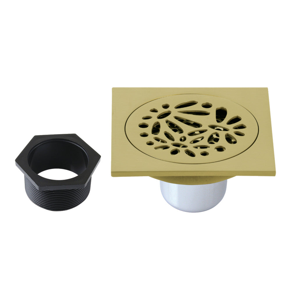 Floral 4" Brass Square Grid Shower Drain with Flange and Hair Trap-DirectSinks