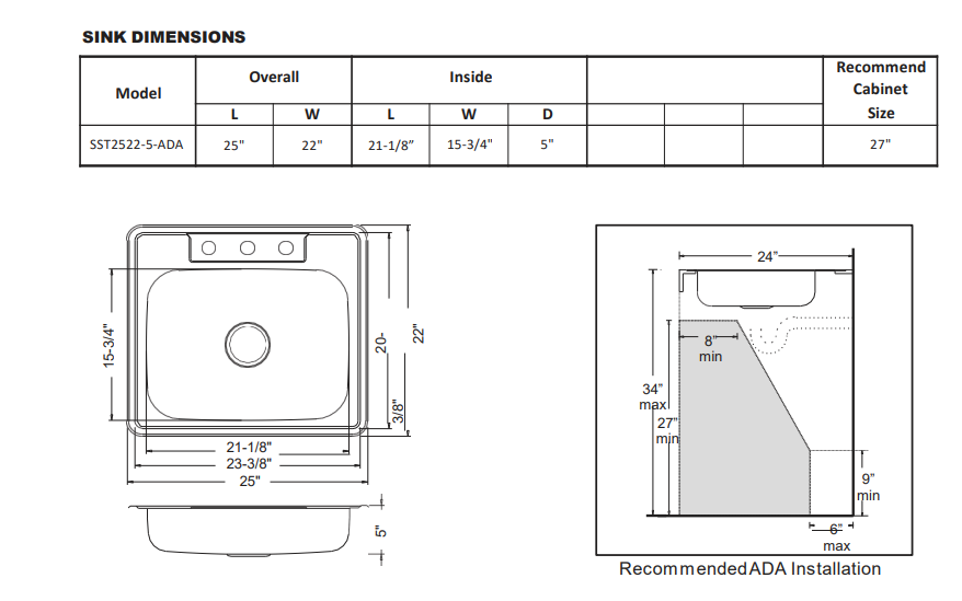 Wells Sinkware 25" 20-Gauge Drop-in 3-Hole Single Bowl ADA Compliant Stainless Steel Kitchen Sink with Strainer