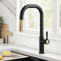 KRAUS Torak Single Handle Pull Down Kitchen Faucet in Matte Black with Brushed Brass