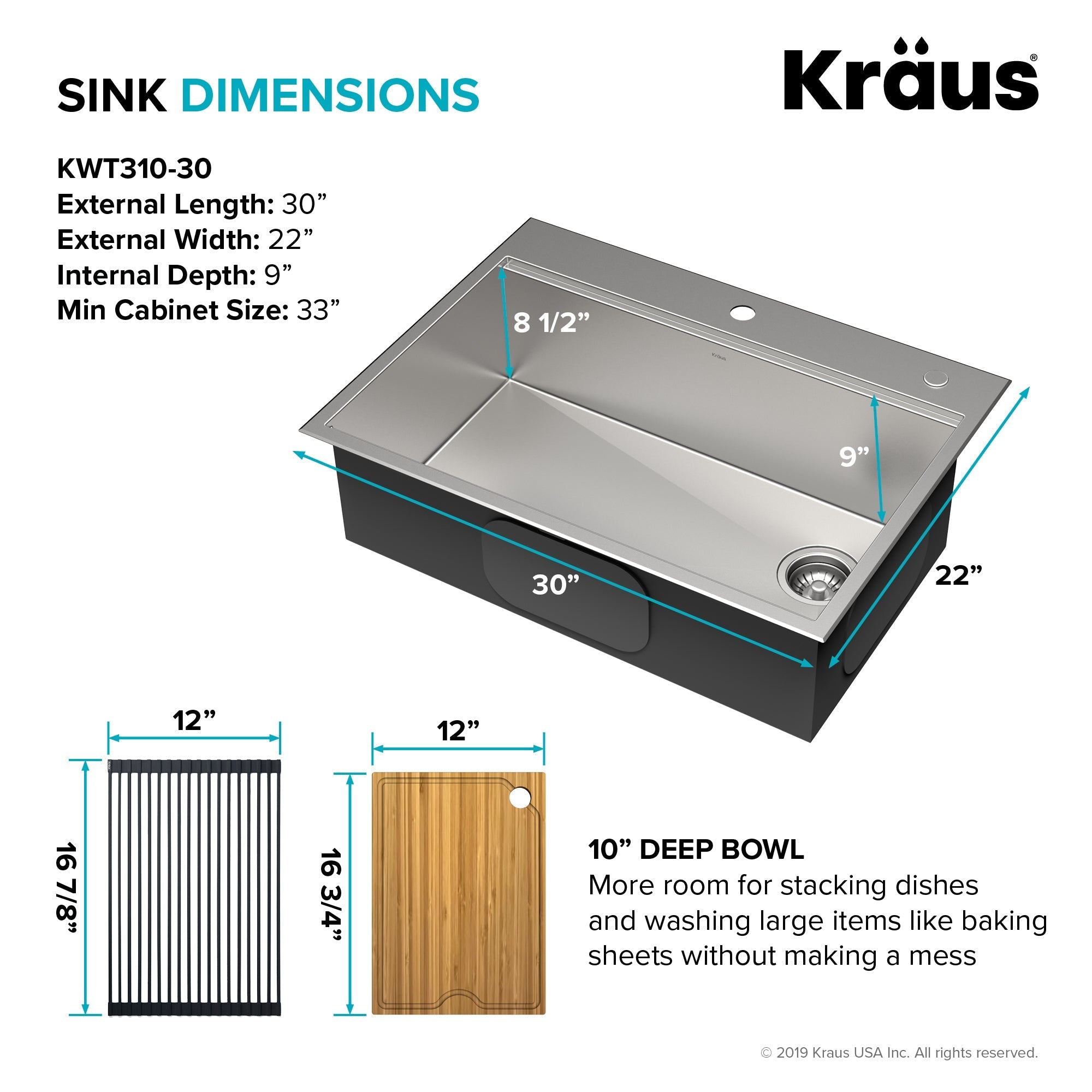 KRAUS Kore 30" Drop-In Workstation 16 Gauge Stainless Steel Single Bowl Kitchen Sink with Accessories