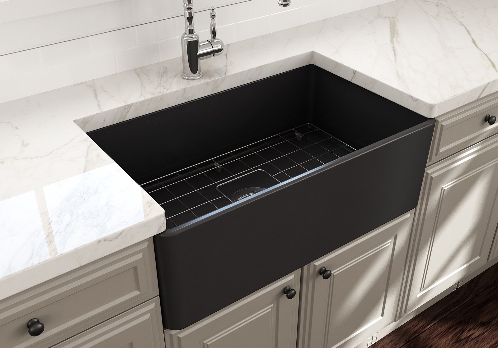 Bocchi Classico Farmhouse Apron Front Fireclay 30" Single Bowl Kitchen Sink with Protective Bottom Grid and Strainer, Available in 9 colors!