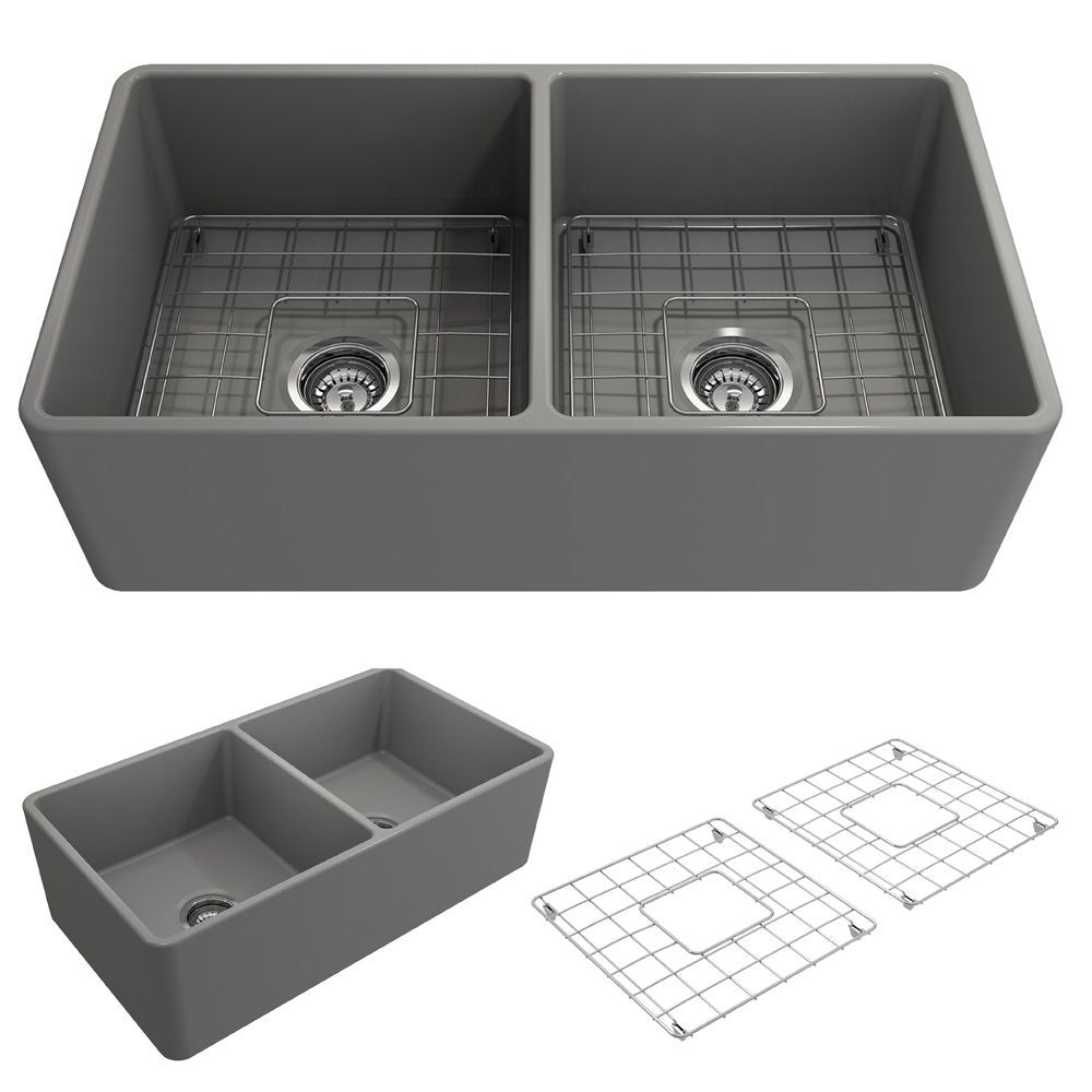 Bocchi Classico Farmhouse Apron Front Fireclay 33" Double Bowl Kitchen Sink. Available in 9 Colors!