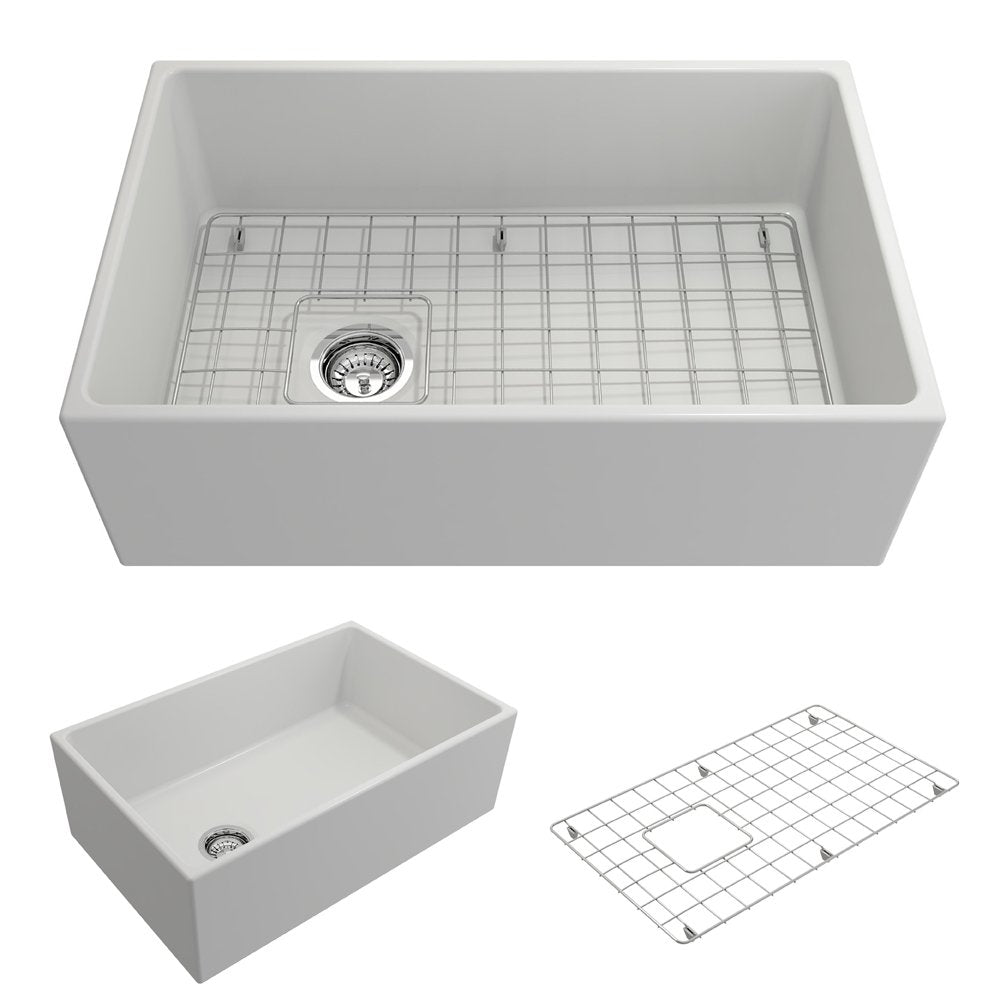 Bocchi Contempo Apron Front Fireclay 30" Single Bowl Kitchen Sink with Protective Bottom Grid and Strainer.