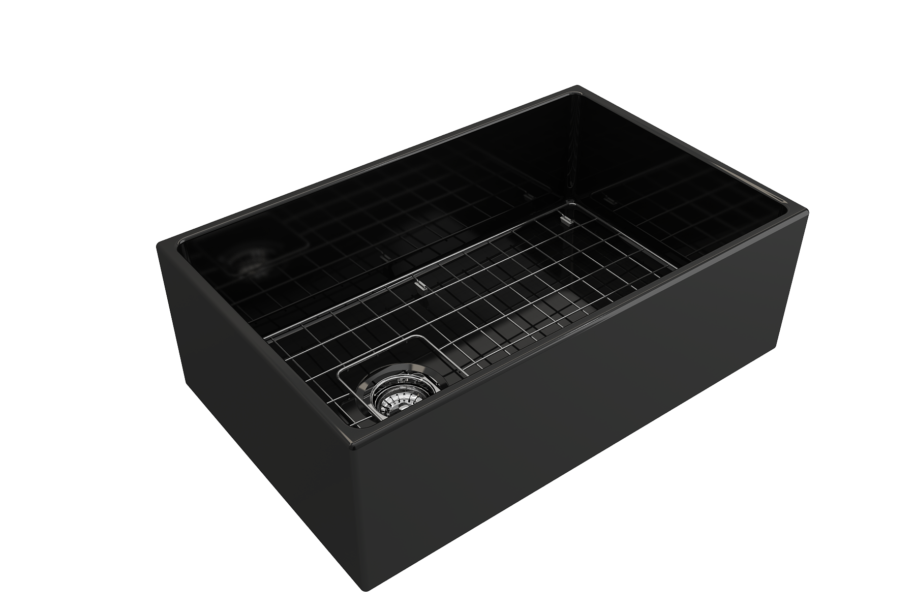 Bocchi Contempo Apron Front Fireclay 30" Single Bowl Kitchen Sink with Protective Bottom Grid and Strainer.