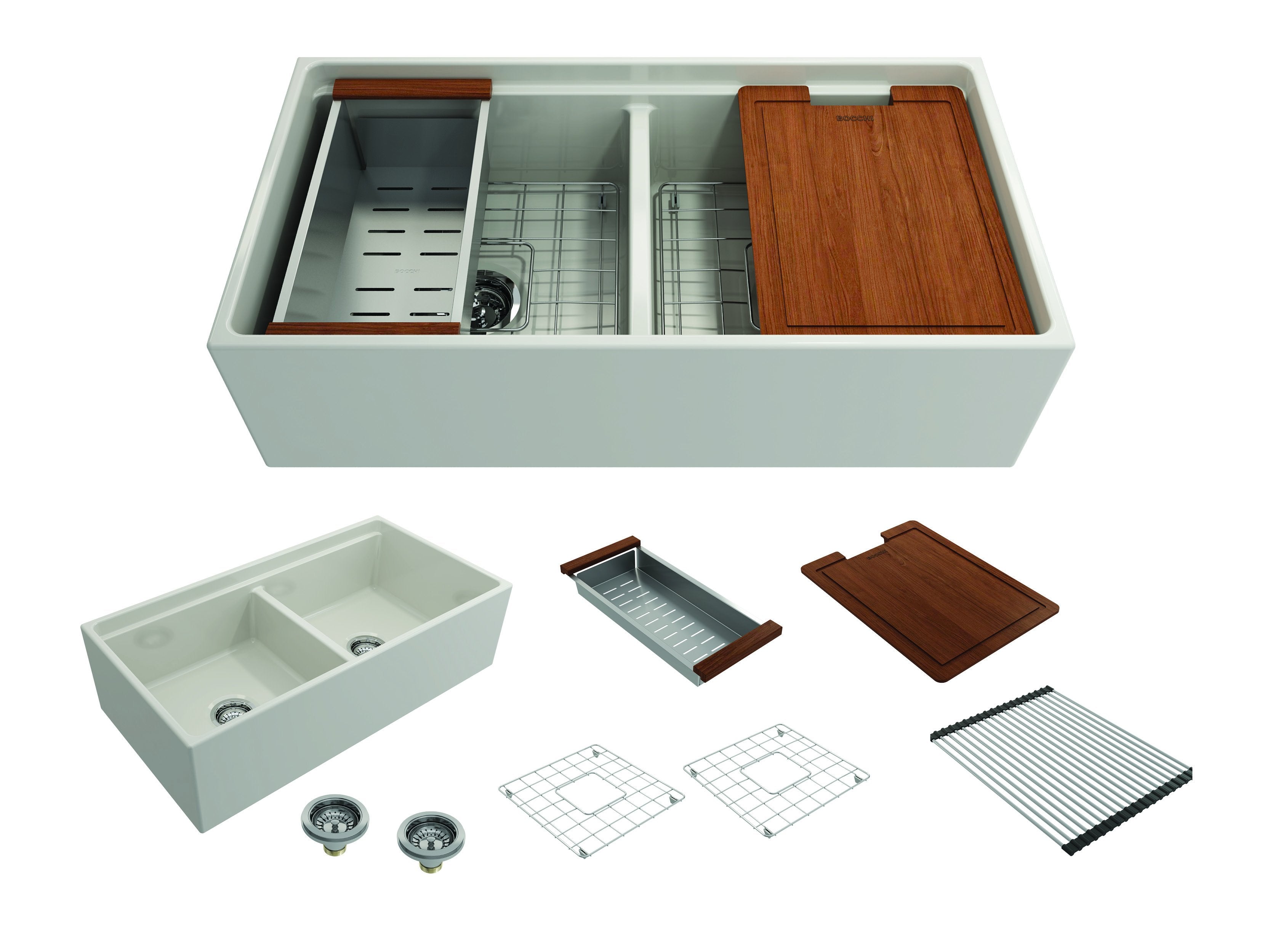 Bocchi Contempo Apron Front Step Rim Fireclay 36" Double Bowl Kitchen Sink with Cutting Board. Available in 9 Colors!