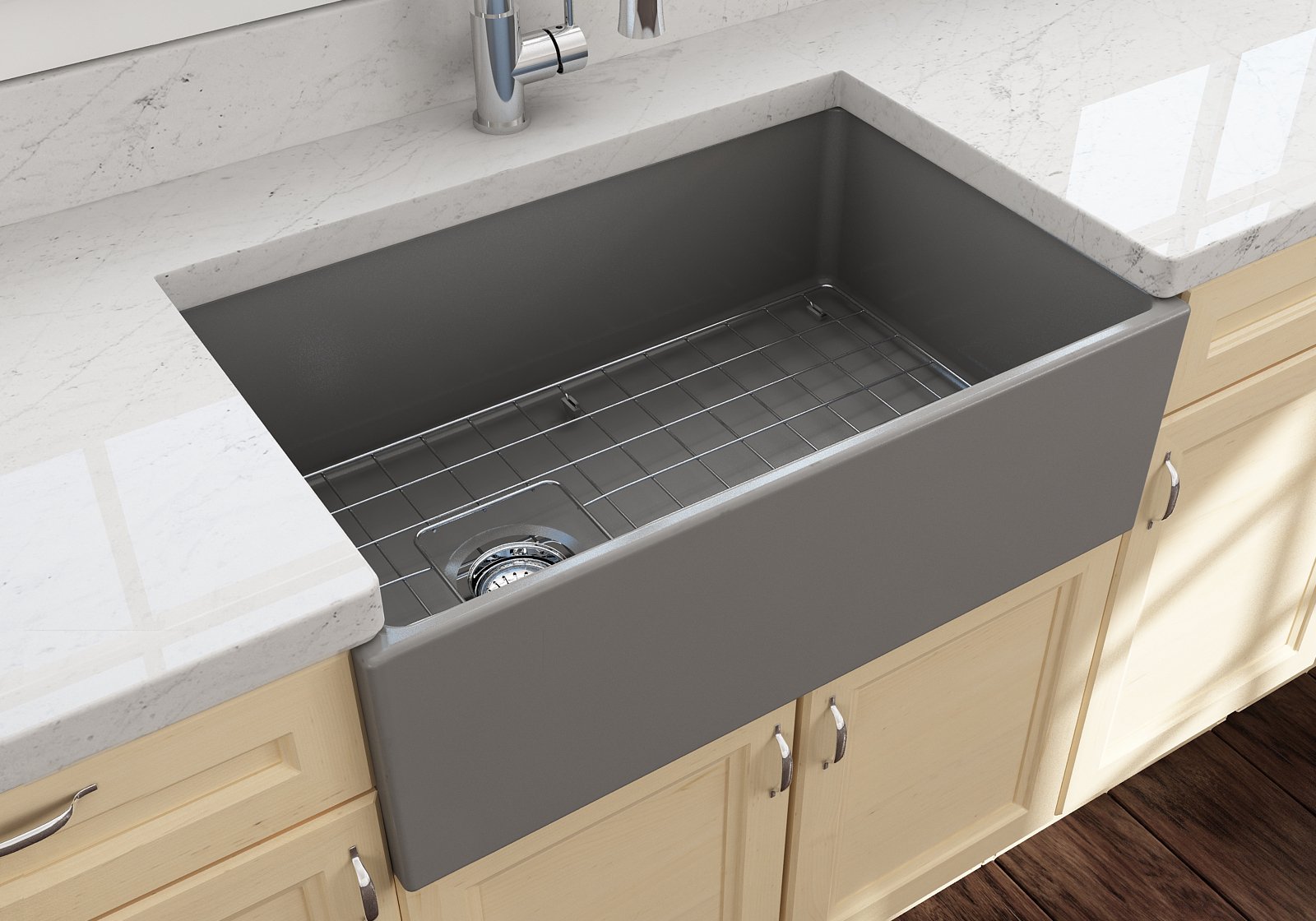Bocchi Contempo Apron Front Fireclay 33" Single Bowl Kitchen Sink with Protective Bottom Grid and Strainer, Available in 9 colors!