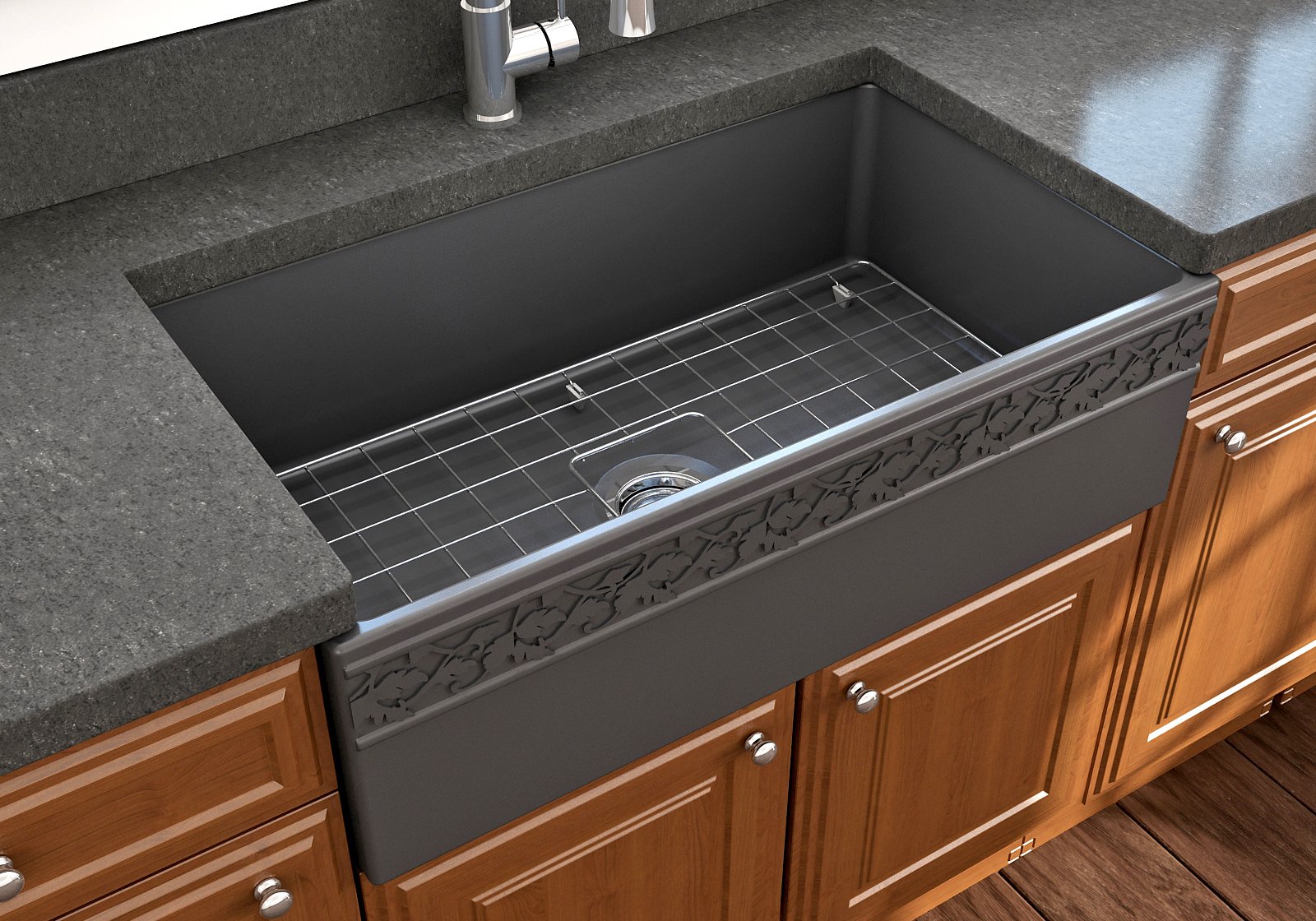 Bocchi Vigneto Apron Front Fireclay 33" Single Bowl Kitchen Sink with Protective Bottom Grid and Strainer, Available in 9 colors!