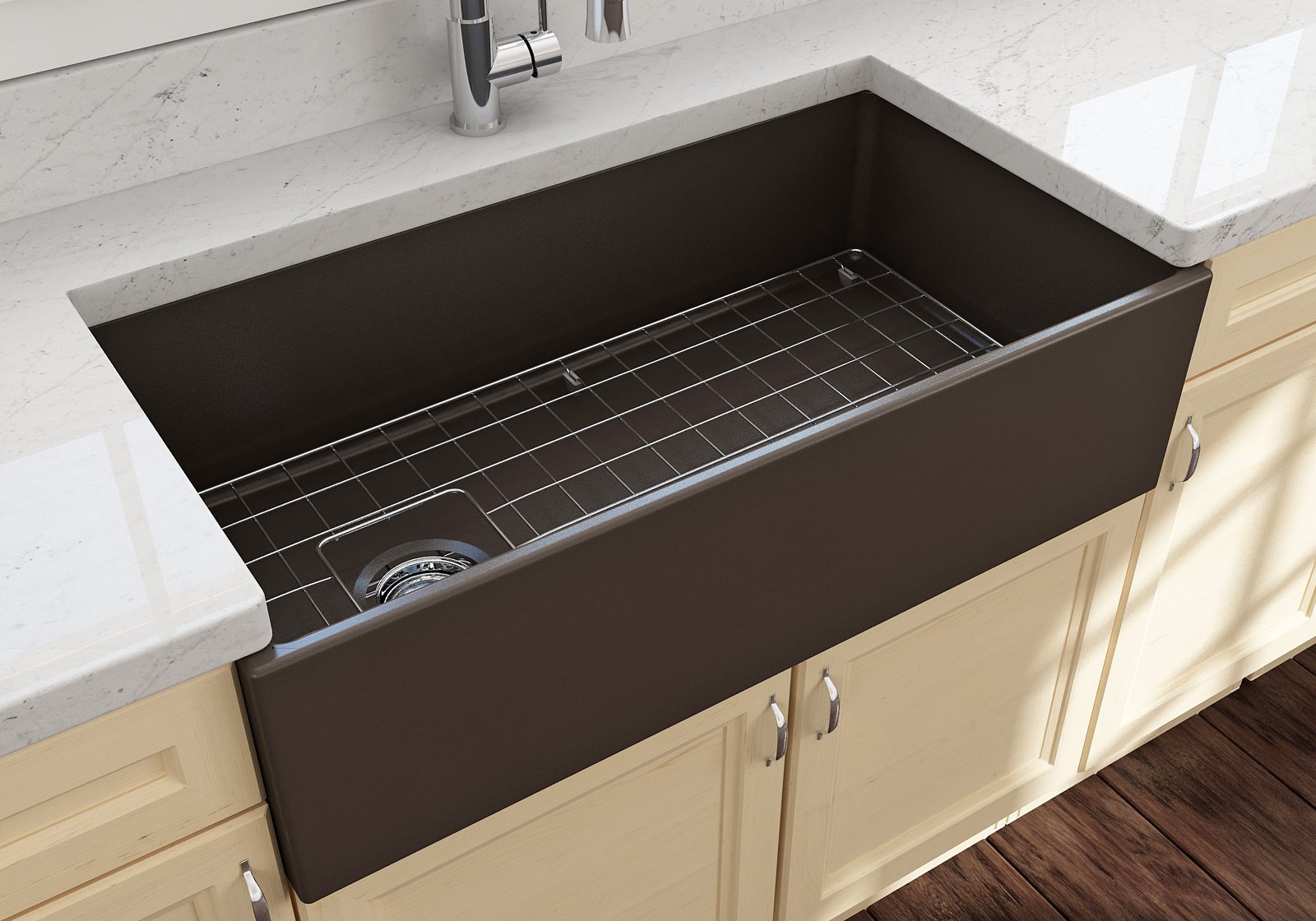 Bocchi Contempo Apron Front Fireclay 36" Single Bowl Kitchen Sink with Protective Bottom Grid and Strainer, Available in 9 colors!