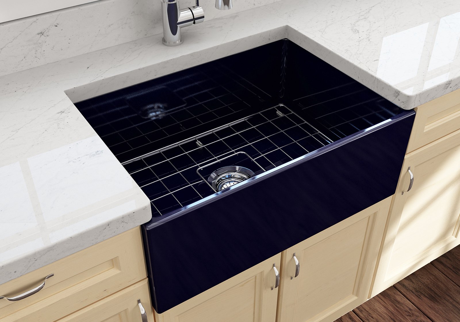 Bocchi Contempo Apron Front Fireclay 27" Single Bowl Kitchen Sink with Protective Bottom Grid and Strainer, Available in 9 colors!