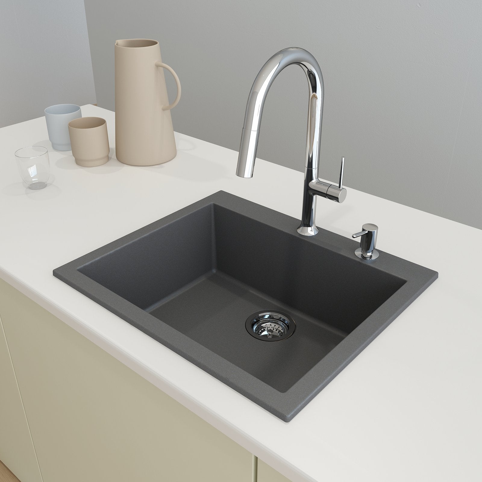 Bocchi 24" Dual Mount Granite Composite Single Bowl Kitchen Sink with Strainer