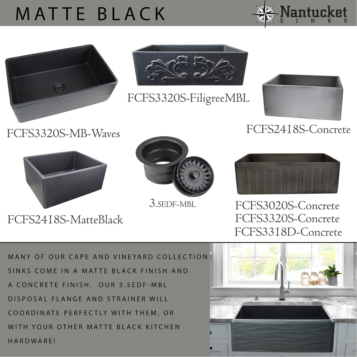 Nantucket Sink 3.5 Inch Extended Flange Disposal Kitchen Drain in Matte Black