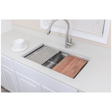 Wells Sinkware Handcrafted 32-Inch Undermount Single Bowl Stainless Steel Kitchen Sink with Companion Stainless Steel Colander, Bottom Protection Grid Rack and Rubber Wood Cutting Board-Kitchen Sinks Fast Shipping at Directsinks.