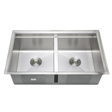 Wells Sinkware Handcrafted 32-Inch Undermount 50-50 Double Bowl Stainless Steel Kitchen Sink with Companion Stainless Steel Colander and Rubber Wood Cutting Board-Kitchen Sinks Fast Shipping at Directsinks.