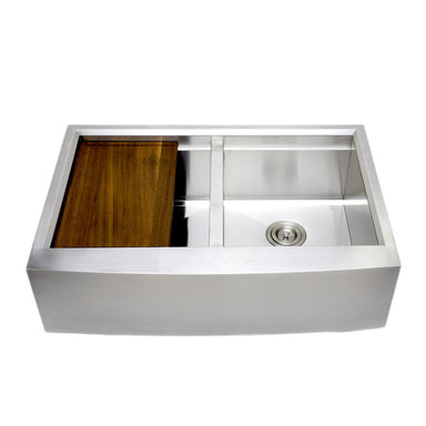 Wells Sinkware Handcrafted 33-Inch Arched Apron Front Farmhouse Equal Double Bowl Stainless Steel Kitchen Sink with Companion Stainless Steel Colander and Rubber Wood Cutting Board-Kitchen Sinks Fast Shipping at Directsinks.