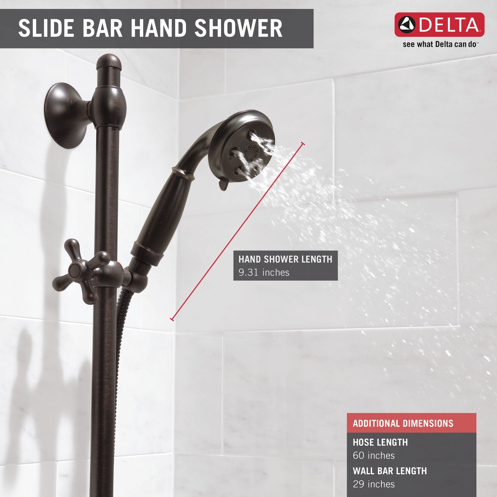 Delta H2Okinetic 3-Setting Slide Bar Hand Shower