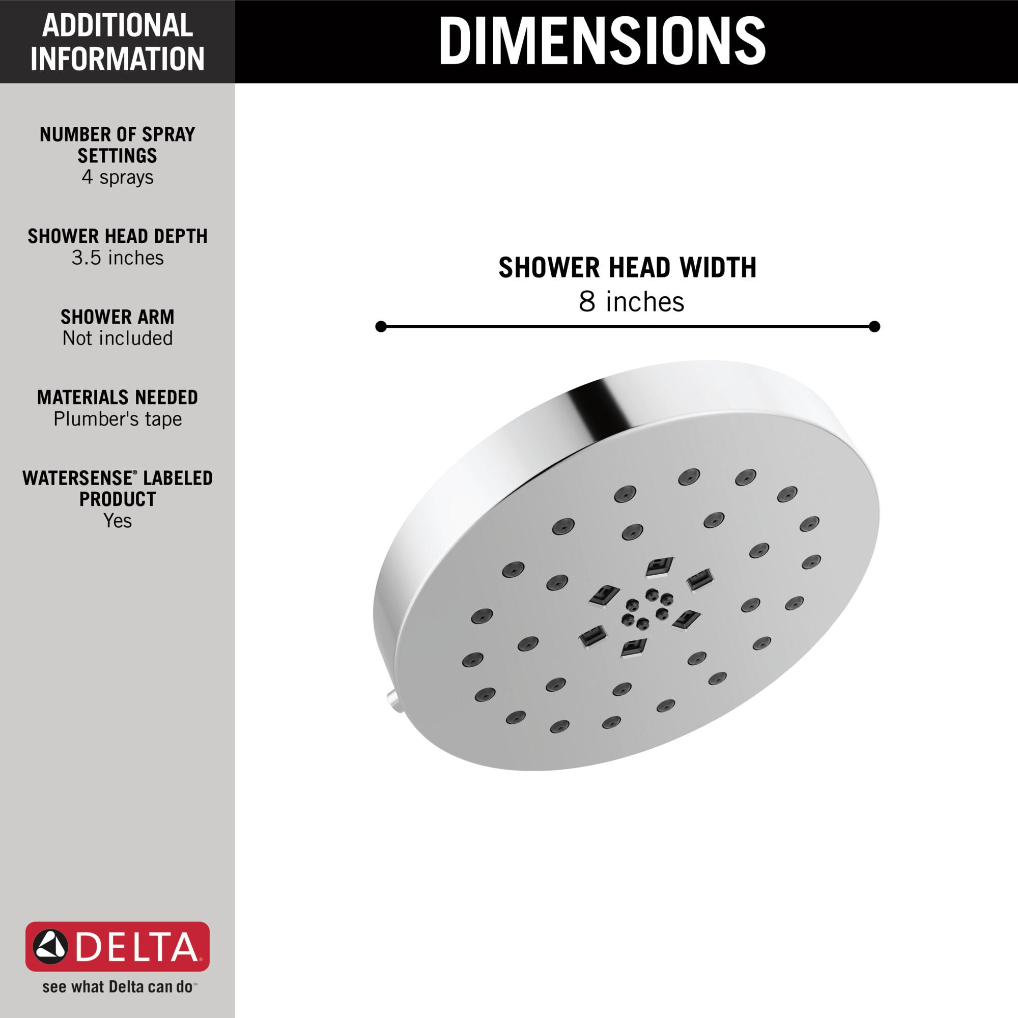 Delta 1.75 GPM Multi Function Rain Shower Head with Touch-Clean and H2Okinetic Technology