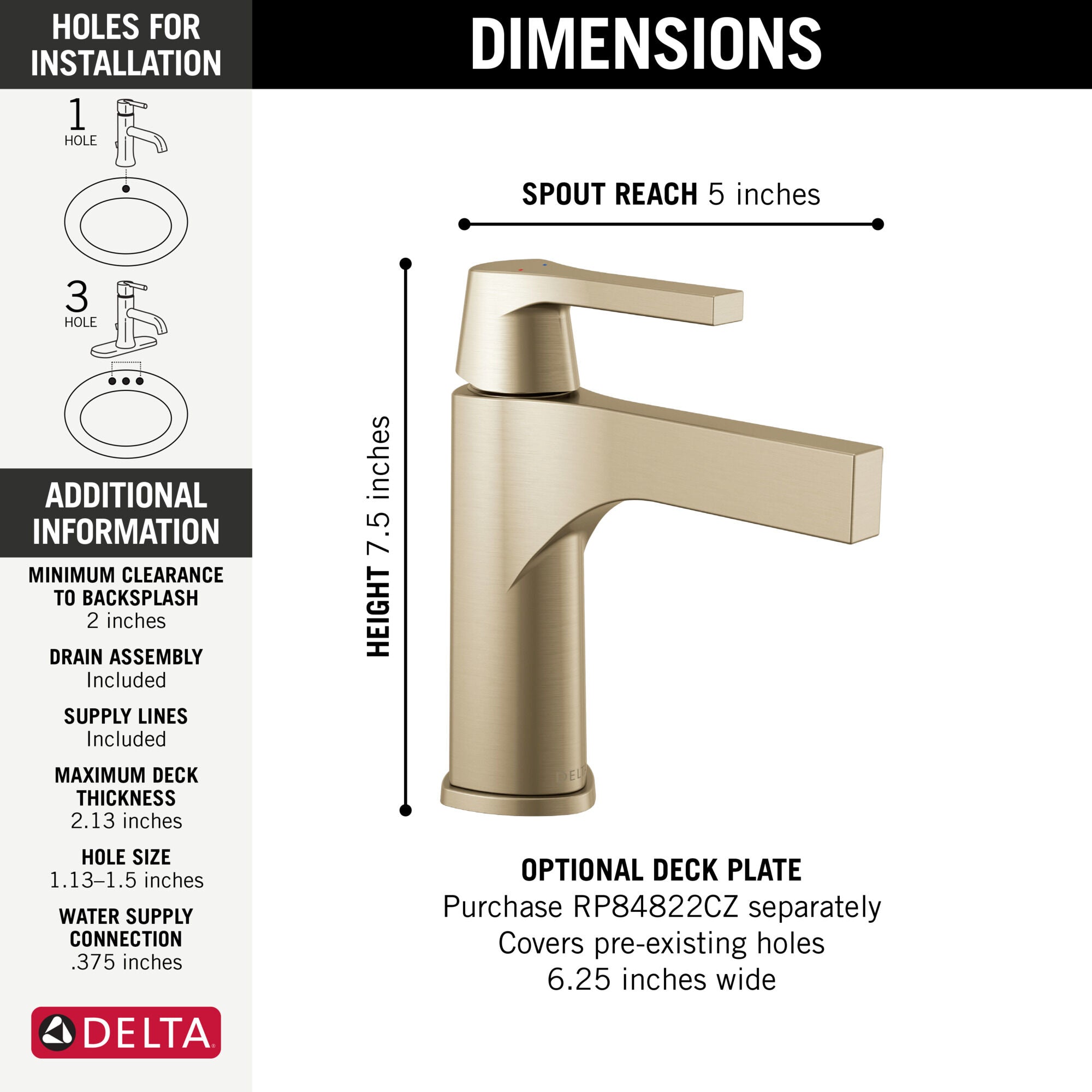 Delta Zura Single Handle Bathroom Faucet with Drain in Champagne Bronze
