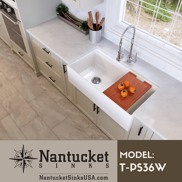 36" Fireclay Farmhouse Workstation Single Bowl Sink, Nantucket Sink T-PS36W, white finish, off center drain. Comes with bottom grid, strainer and cutting board.
