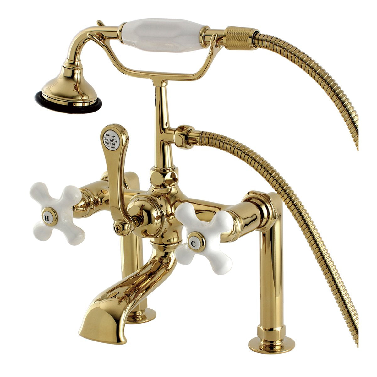 Kingston Brass Aqua Eden Vintage Deck Mount Clawfoot Brass Tub Faucet with Porcelain Lever Handle-Tub Faucets-Free Shipping-Directsinks.