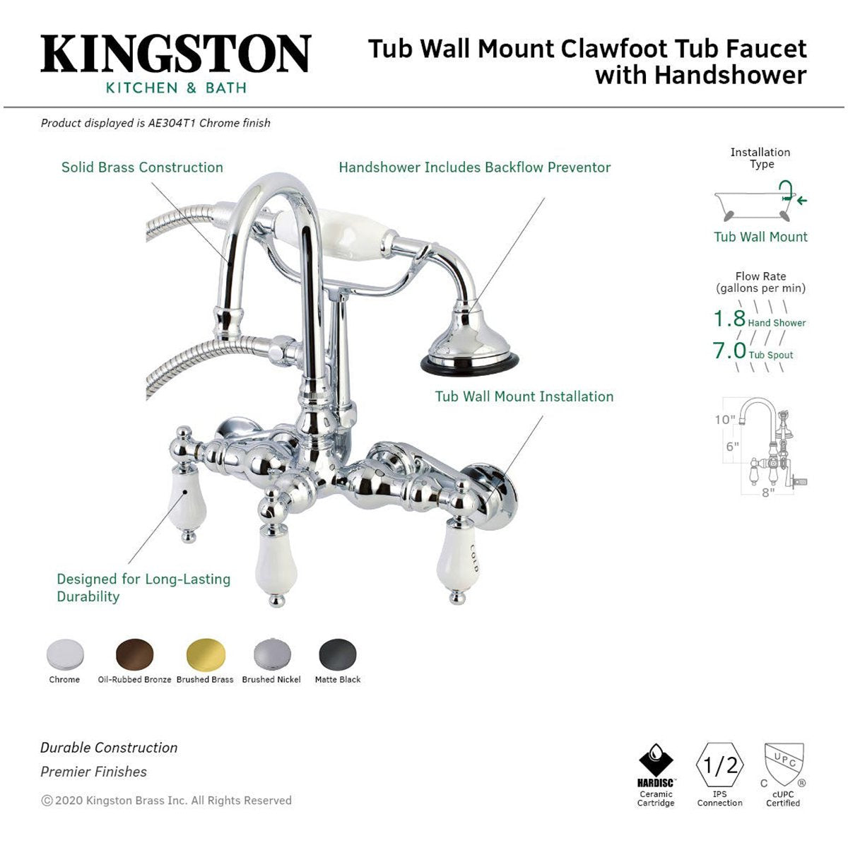 Kingston Brass AE303TX-P Aqua Vintage Wall Mount Clawfoot Tub Faucets