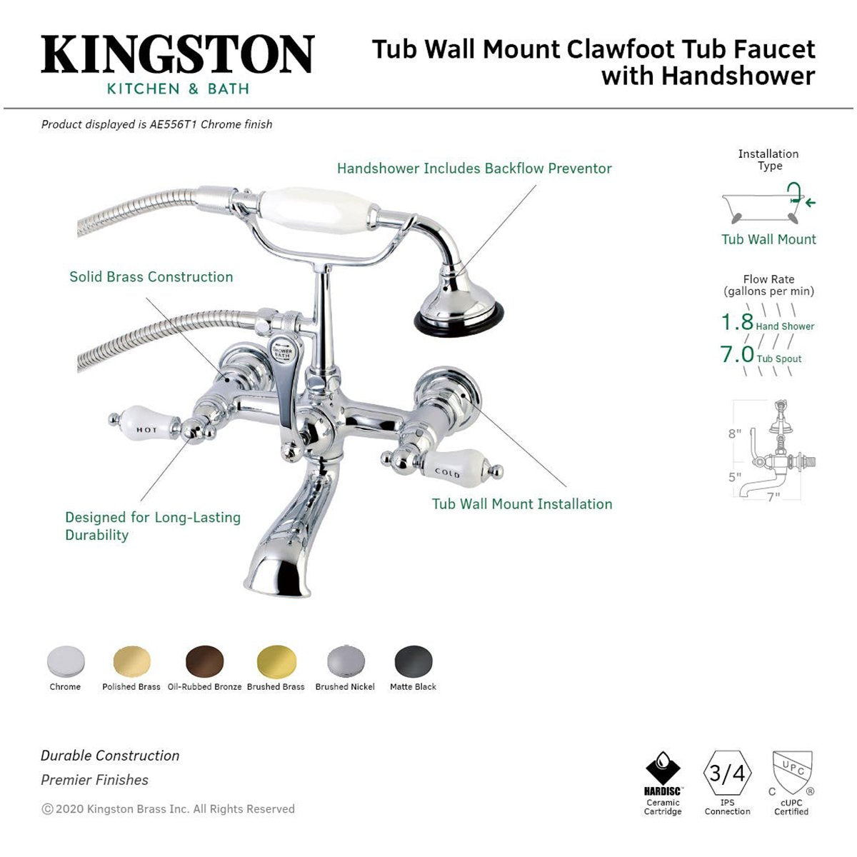 Kingston Brass Aqua Vintage Wall Mount Tub Faucet with Hand Shower