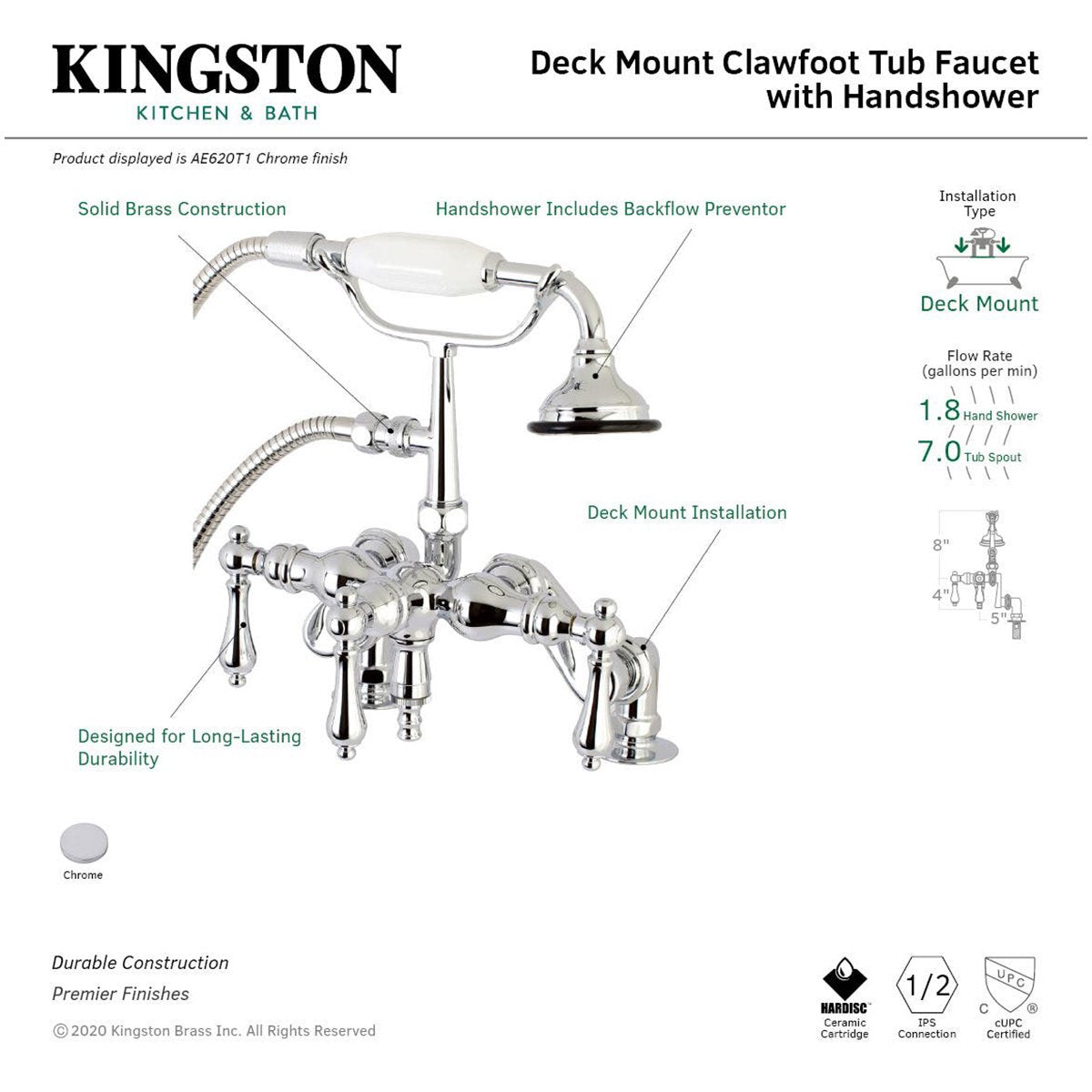 Kingston Brass Aqua Vintage 3-3/8-Inch Adjustable Deck Mount Tub Faucet with Hand Shower in Polished Chrome