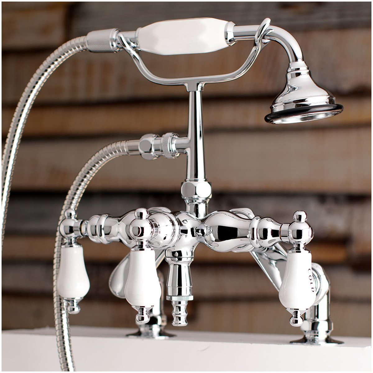 Kingston Brass Aqua Vintage 3-3/8" Adjustable Deck Mount Tub Faucet with Hand Shower in Polished Chrome