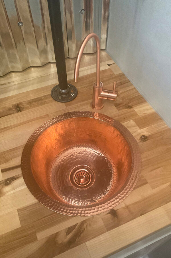 12" Round Hammered Copper Bar Sink with 2" Drain Opening in Polished Copper