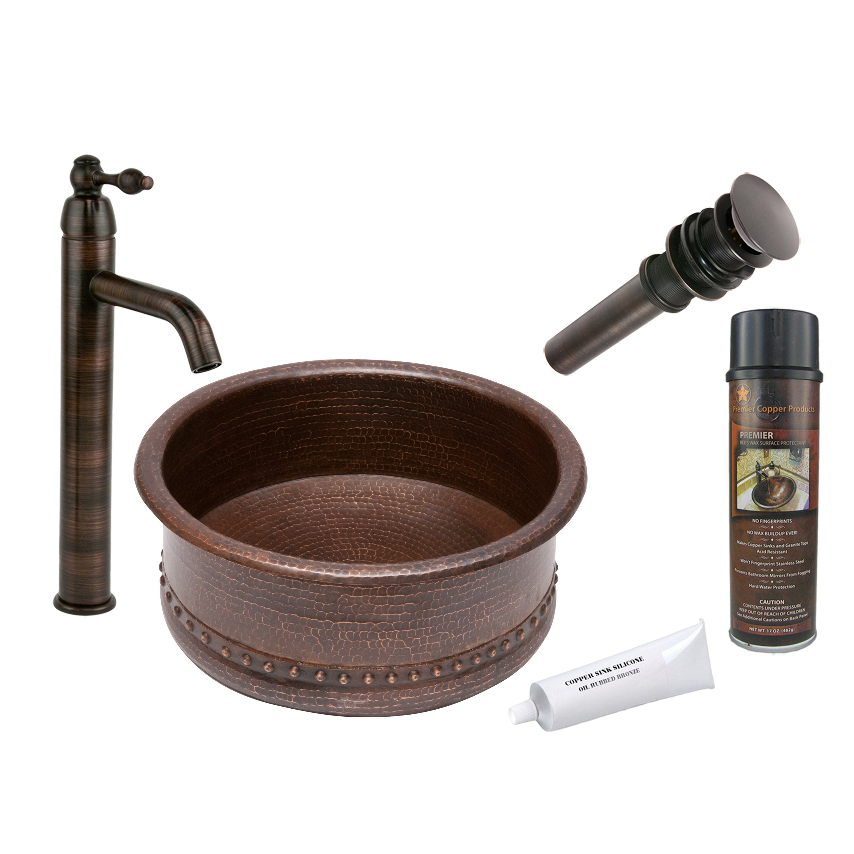 Premier Copper Products - BSP1_VRT15DB Vessel Sink, Faucet and Accessories Package-DirectSinks