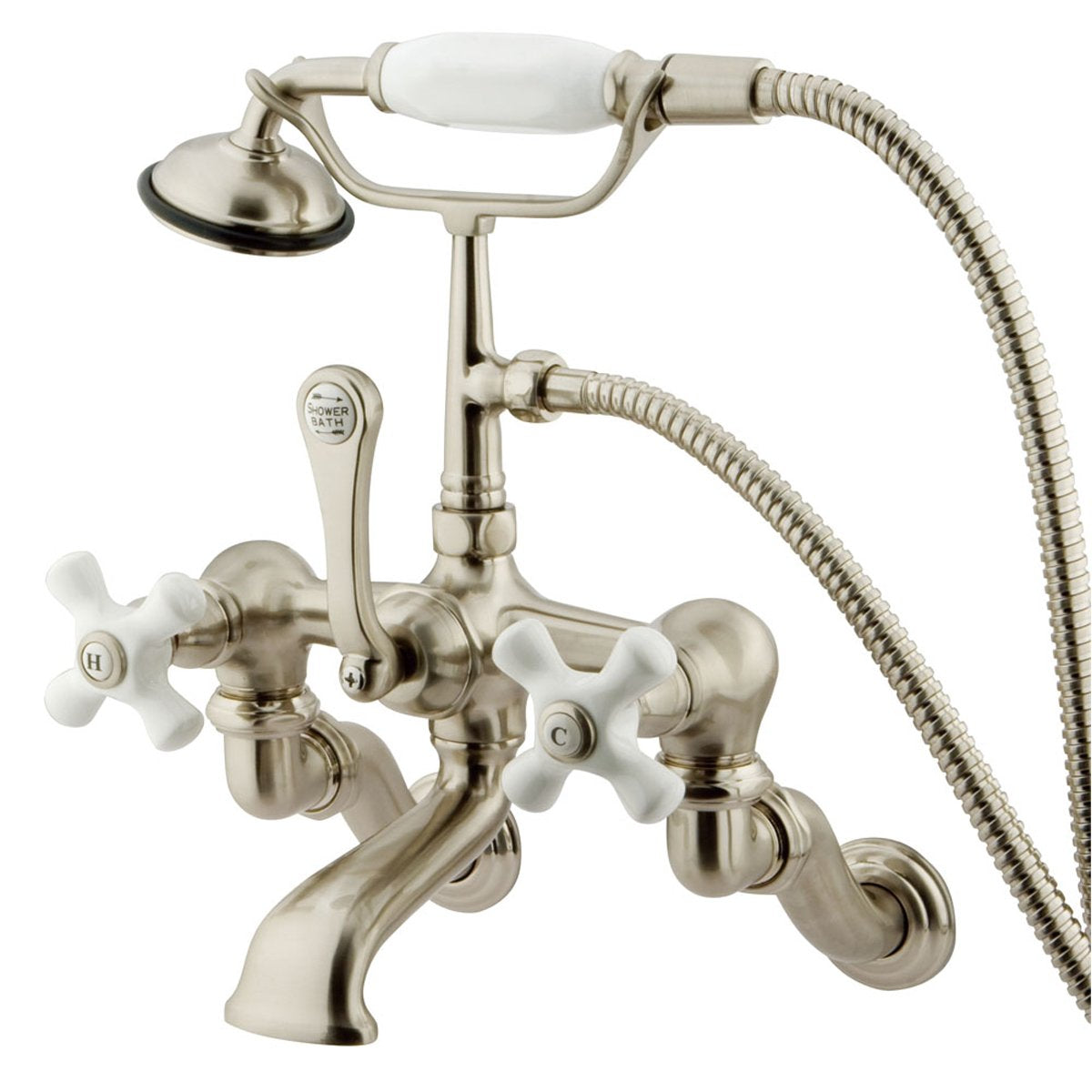 Kingston Brass Vintage Wall Mount Adjustable 3-3/8" - 10" Center Clawfoot Brass Tub Filler with Hand Shower-Tub Faucets-Free Shipping-Directsinks.