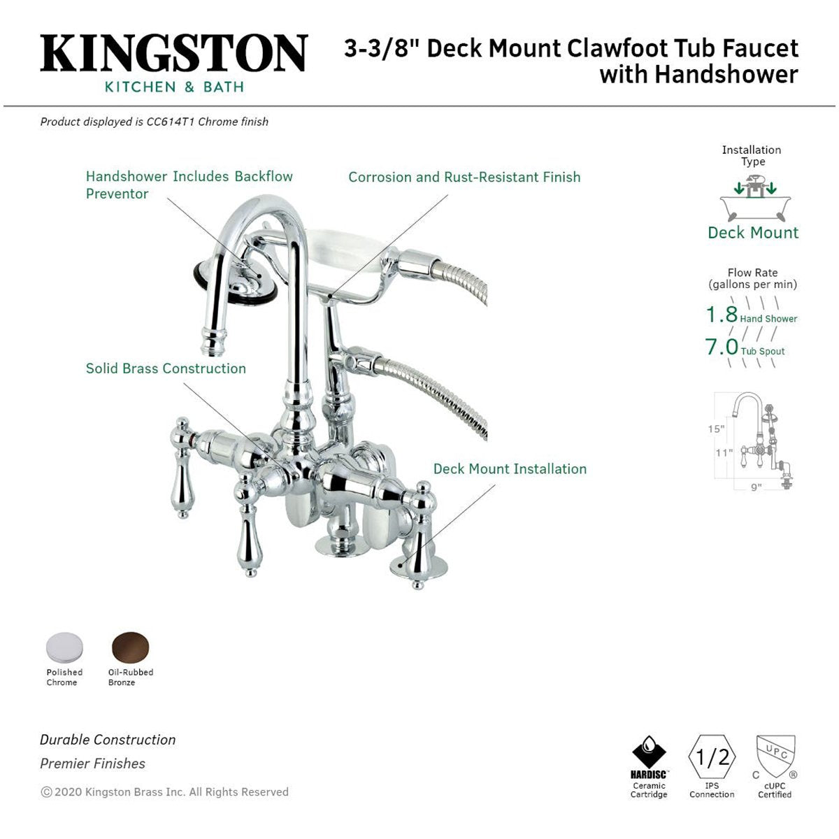 Kingston Brass CC613TX-P Vintage Clawfoot  12.5" x 10" x 8.25" Tub Faucet with Hand Shower