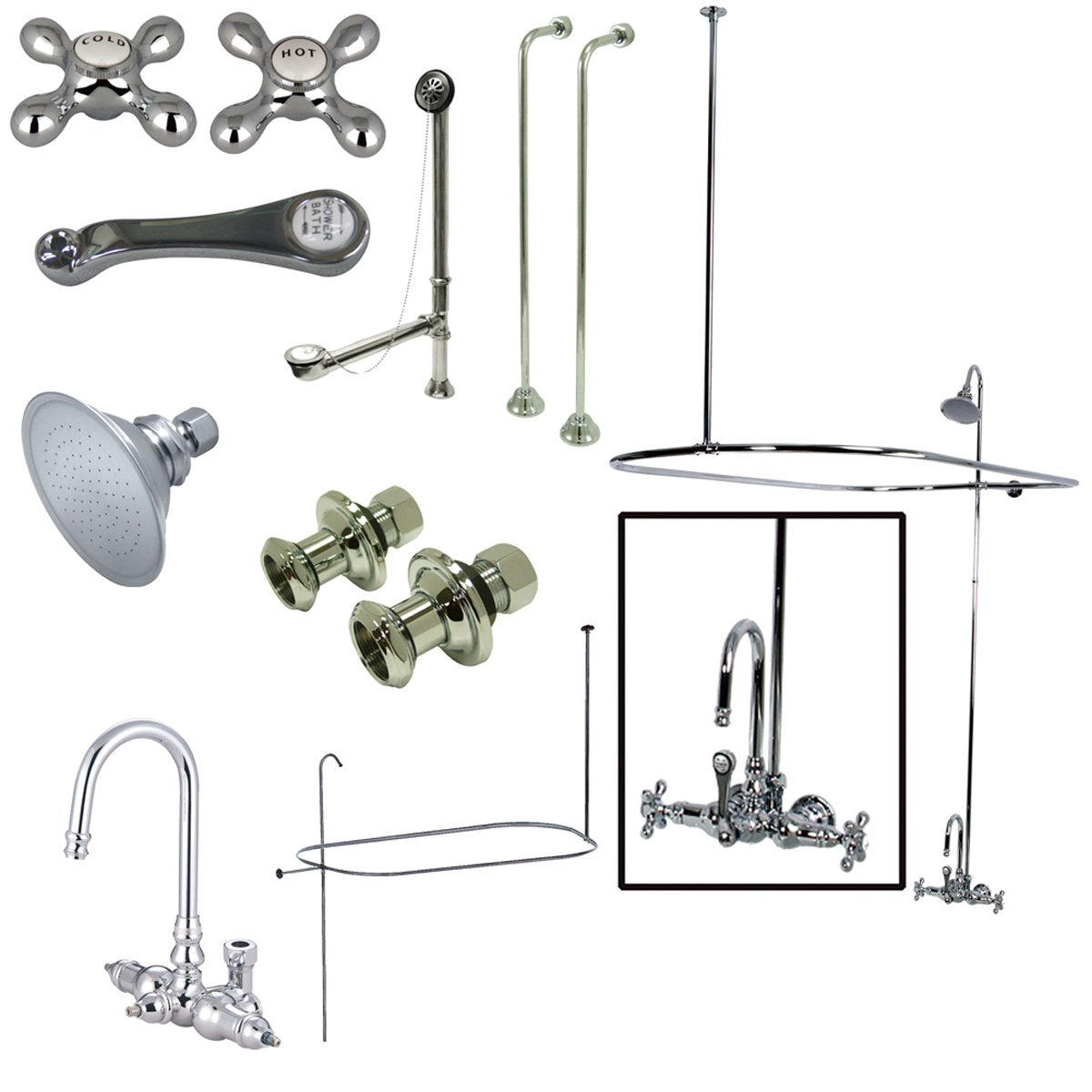 Kingston Brass Vintage Wall Mount High Rise Clawfoot Tub and Shower Package with Porcelain Lever Handles in Polished Chrome-Tub Faucets-Free Shipping-Directsinks.