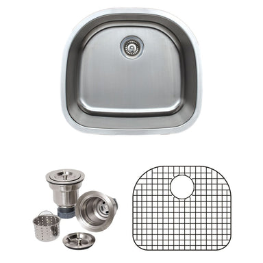 Wells Sinkware 24-Inch 16-Gauge Undermount D-shaped Single Bowl Stainless Steel Kitchen Sink with Grid Rack and Basket Strainer-Kitchen Sinks Fast Shipping at Directsinks.