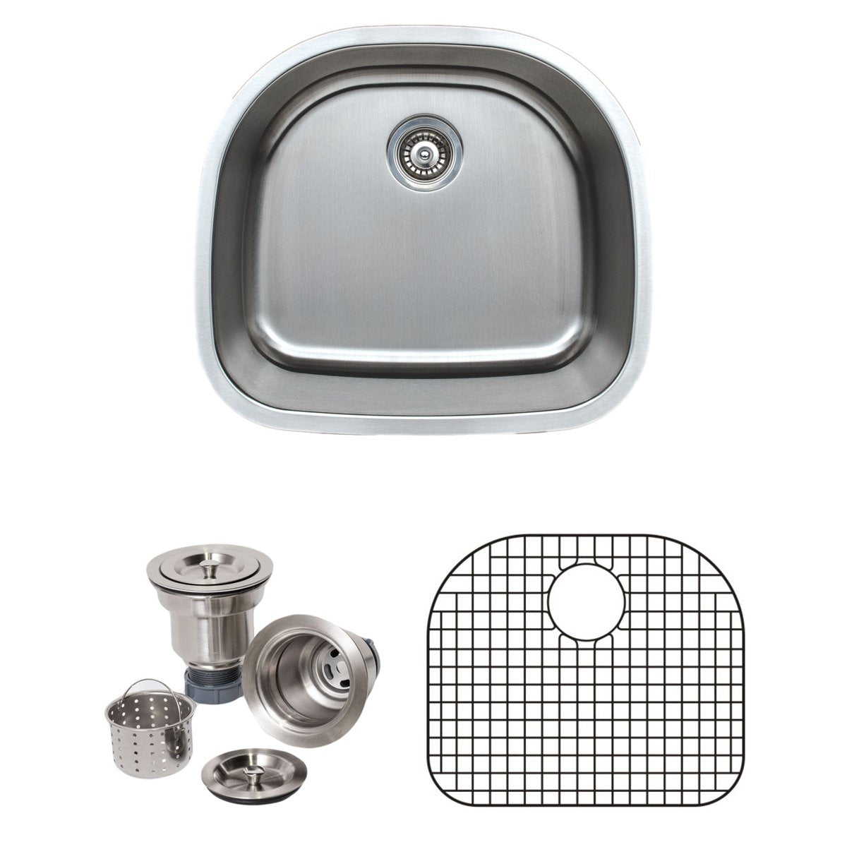 Wells Sinkware 24-Inch 18-Gauge Undermount D-shaped Single Bowl Stainless Steel Kitchen Sink with Grid Rack and Basket Strainer-Kitchen Sinks Fast Shipping at Directsinks.