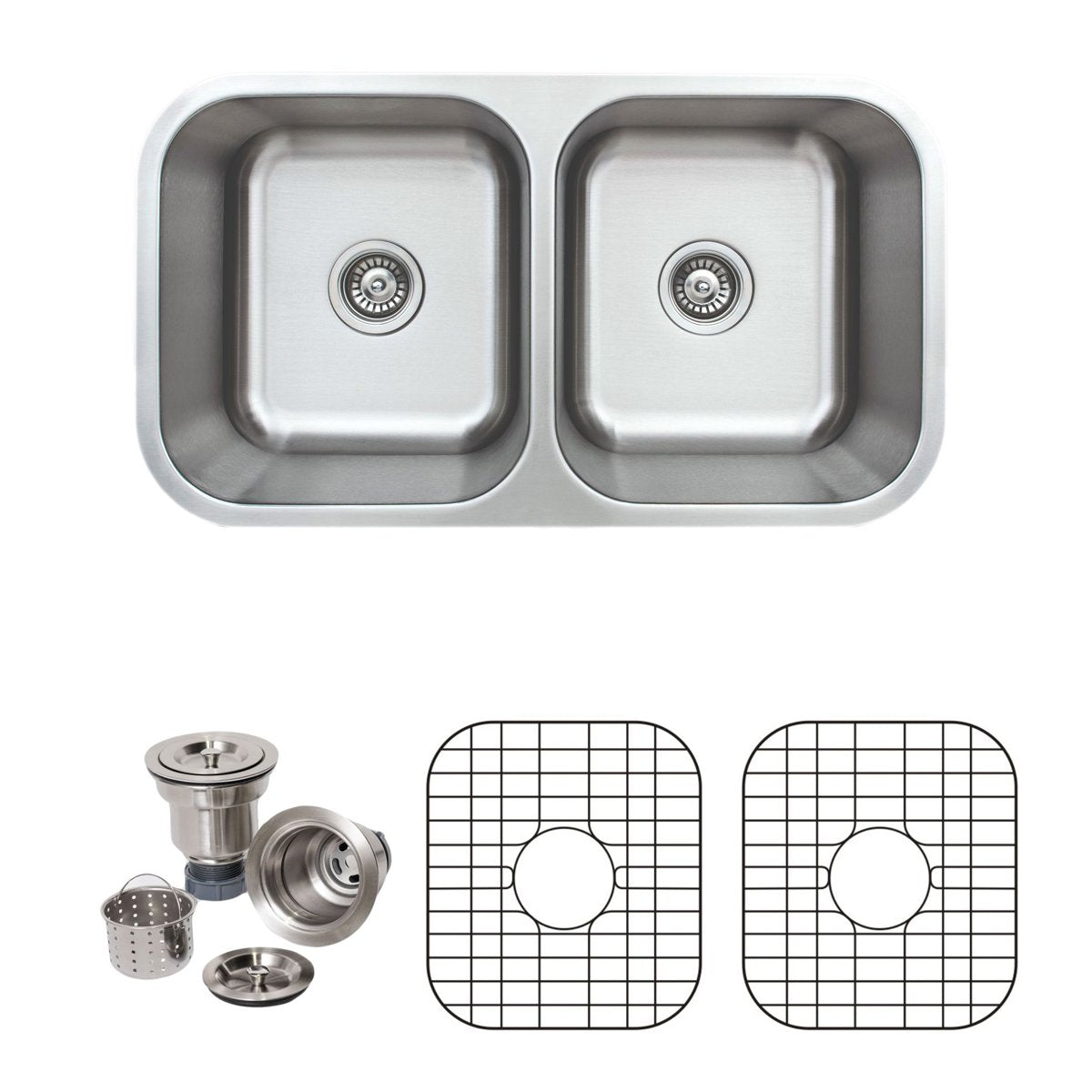 Wells Sinkware 33-Inch 16-Gauge Undermount 50/50 Double Bowl Stainless Steel Kitchen Sink with Grid Rack and Basket Strainer-Kitchen Sinks Fast Shipping at Directsinks.