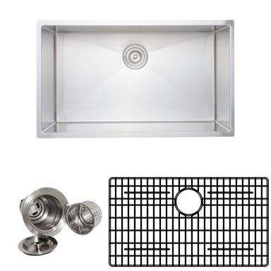 Wells Sinkware Handcrafted 32-Inch 16-Gauge Undermount Single Bowl Stainless Steel Kitchen Sink with Grid Rack and Basket Strainer-Kitchen Sinks Fast Shipping at Directsinks.
