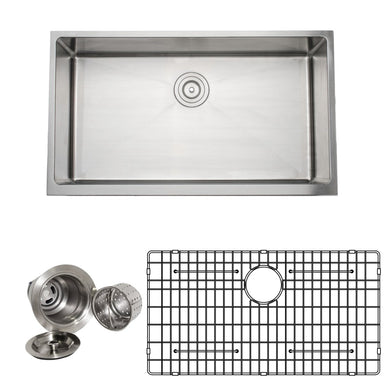 Wells Sinkware Handcrafted 33-Inch 16-Gauge Apron Front Farmhouse Single Bowl Stainless Steel Kitchen Sink with Grid Rack and Basket Strainer-Kitchen Sinks Fast Shipping at Directsinks.