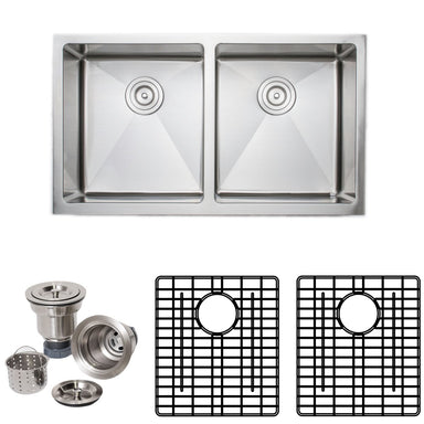 Wells Sinkware Handcrafted 33-Inch 16-Gauge Apron Front Farmhouse 50-50 Double Bowl Stainless Steel Kitchen Sink with Grid Rack and Basket Strainer-Kitchen Sinks Fast Shipping at Directsinks.